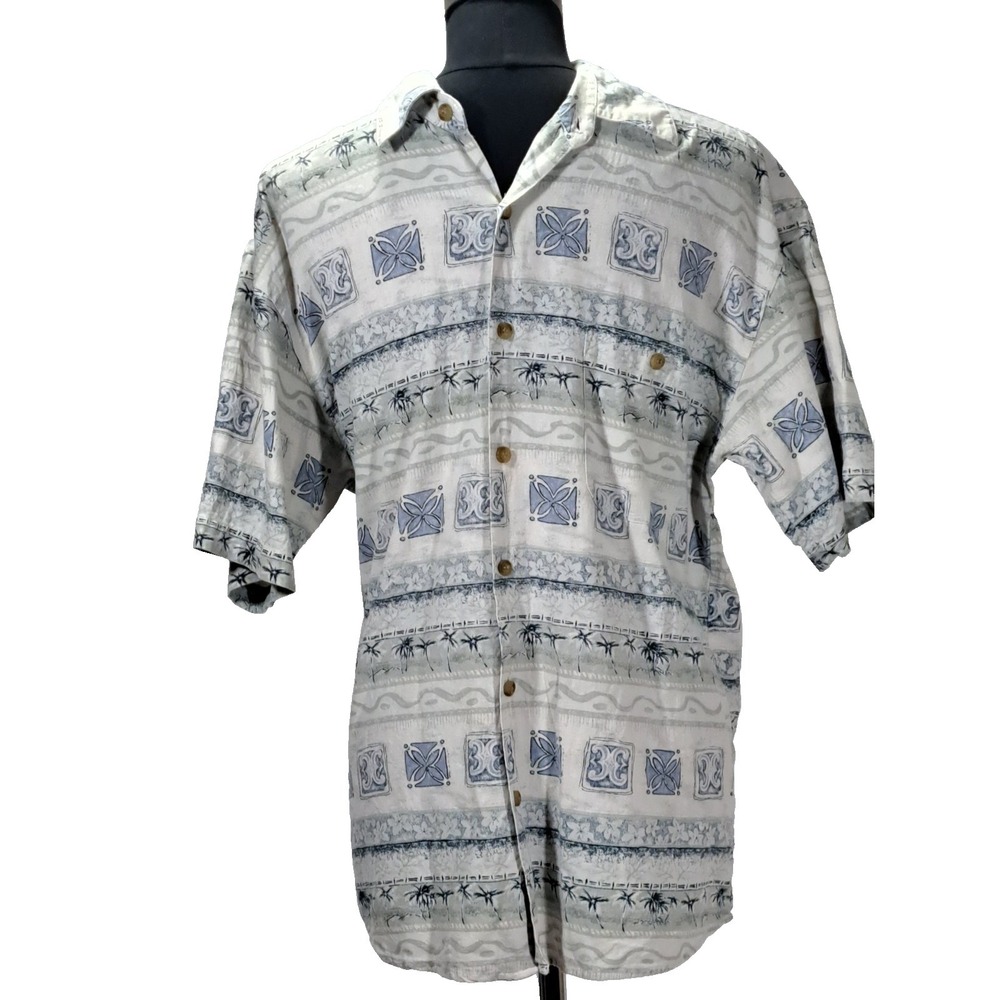 Summa Mens Silk Cotton Short Sleeve Button Down Shirt Grey Blue Tropical‎ Palm M